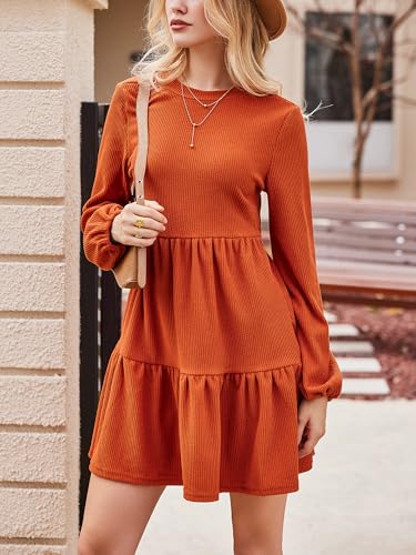 Women's Mini Fall Dresses Knit Casual Long Sleeve Crew Neck Flowy Tiered Ruffled Short Sweater Dress