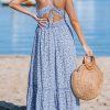 Women's Plunging V Neck Sleeveless Floral Boho Backless Ruffled Beach Summer Maxi Dresses with Pockets