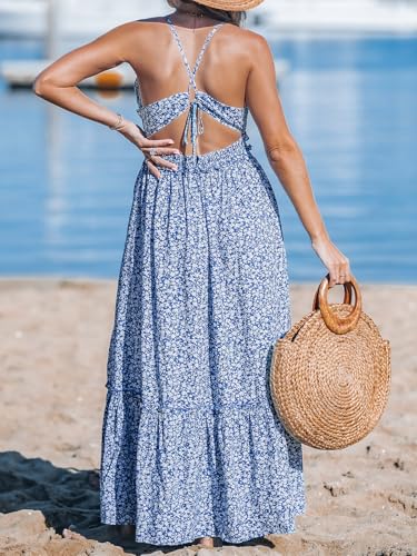 Women's Plunging V Neck Sleeveless Floral Boho Backless Ruffled Beach Summer Maxi Dresses with Pockets
