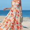 Women's Vacation Summer Dresses Tropical V Neck Elastic Waist Sleeveless Spaghetti Strap Smocked Maxi Dress