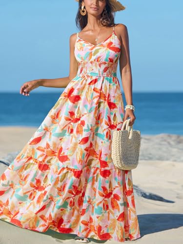 Women's Vacation Summer Dresses Tropical V Neck Elastic Waist Sleeveless Spaghetti Strap Smocked Maxi Dress