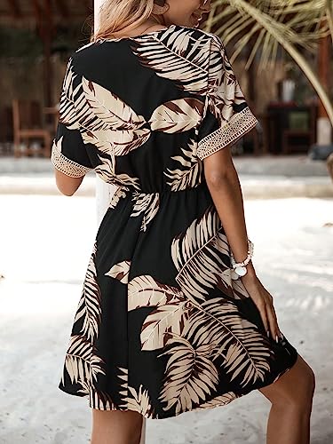 Women's Floral Print Short Sleeve V Neck Dress Casual Summer Lace Trim A Line Short Dresses