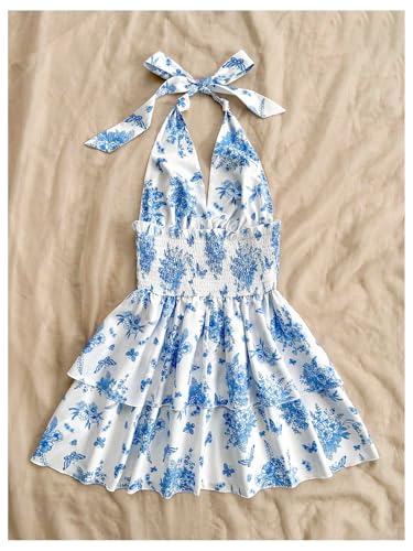 Women's Sundresses Boho Halter V Neck Backless Ruffle Flowy Summer Beach Mini Dress
