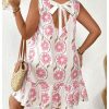 Women's Plus Size Floral Ruffle Dress Bow Tie Sleeveless Crewneck Summer Smock Short Dresses Sundress