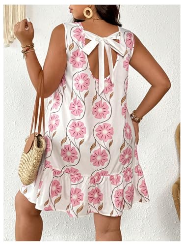 Women's Plus Size Floral Ruffle Dress Bow Tie Sleeveless Crewneck Summer Smock Short Dresses Sundress