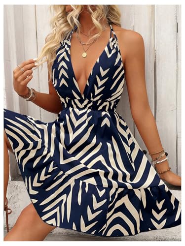 Women's Allover Print Summer Dress Halter Deep V Neck Ruffle Hem Short Dresses