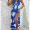 Women's Summer Printed Maxi Dress V Neck Spaghetti Strap Split Flowy Cami Dresses Sundress