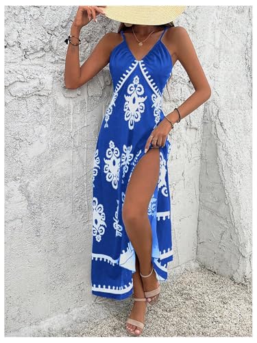 Women's Summer Printed Maxi Dress V Neck Spaghetti Strap Split Flowy Cami Dresses Sundress