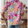 Women's Floral Print Button Down Blouse Ruffle Short Puff Sleeve Boho Tops