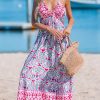 Women Backless Floral Summer Dress Plunging V Halter Neck Spaghetti Strap Ruffle Casual Beach Holiday Maxi Dress