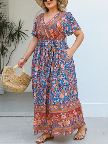 Women's Plus Size Summer Dress V Neck Short Ruffle Sleeves Flowy X Line Maxi Dress Wide Belt