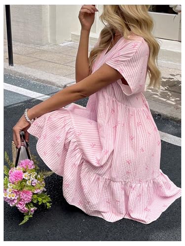 Women's Summer V Neck Short Smocked Dress Striped Bow Print Ruffle Flowy Vacation Dresses