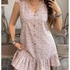 Women's Plus Size Sleeveless V Neck Tie Knot Shoulder Summer Ruffle Floral Dress Short Sundress