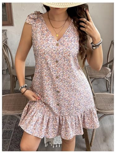 Women's Plus Size Sleeveless V Neck Tie Knot Shoulder Summer Ruffle Floral Dress Short Sundress