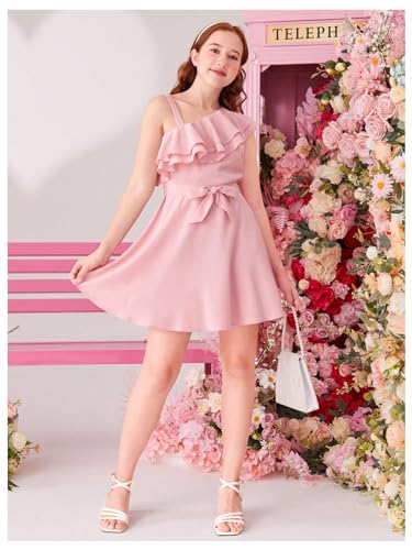 Girl's Sleeveless Ruffle Dresses High Waisted A Line Summer Dress with Belt