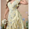 Women's Plus Size Floral Print A Line Midi Dress Cap Sleeve Wrap Ruffle Boho Summer Dresses