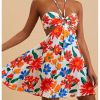 Women's Floral Print Cut Out Sleeveless Halter Mini Dress Holiday Flowy Vacation Dresses