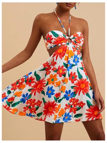 Women's Floral Print Cut Out Sleeveless Halter Mini Dress Holiday Flowy Vacation Dresses