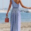 Women's Maxi Dress One Shoulder Sleeveless Smocked Floral Printed Self Tie Boho Long Dress Summer Dress Blue Floral, S