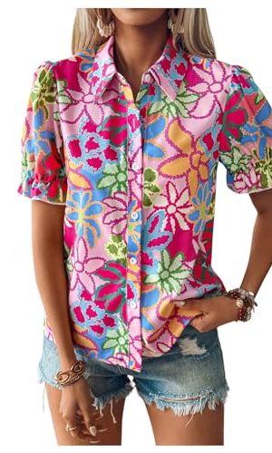 Women's Floral Print Button Down Blouse Ruffle Short Puff Sleeve Boho Tops