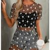 Women's Floral Sheer Mesh Swimsuit Coverups Short Sleeve Mini Beach Dresses
