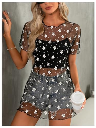 Women's Floral Sheer Mesh Swimsuit Coverups Short Sleeve Mini Beach Dresses