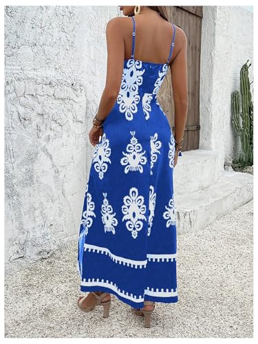 Women's Summer Printed Maxi Dress V Neck Spaghetti Strap Split Flowy Cami Dresses Sundress