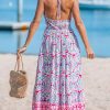 Women Backless Floral Summer Dress Plunging V Halter Neck Spaghetti Strap Ruffle Casual Beach Holiday Maxi Dress