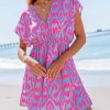 Women's Swimsuit Coverup Casual V Neck Beach Dress Short Sleeve Elastic Waist Swimwear Cover Ups 2025 Beachwear