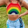 Women's Backless Rainbow Striped Halter Tie Back Tops Sleeveless Knit Crop Top