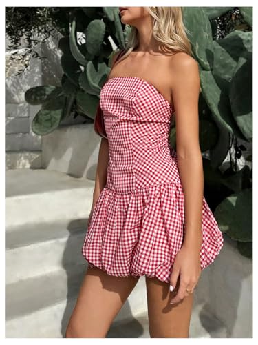 Women's Plaid Strapless Bubble Dress Sleeveless Ruffle Mini Tube Dresses