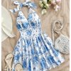 Women's Sundresses Boho Halter V Neck Backless Ruffle Flowy Summer Beach Mini Dress