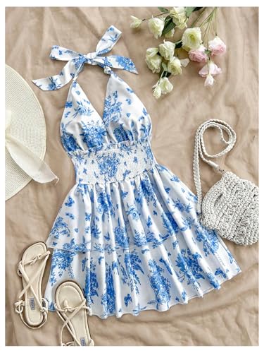 Women's Sundresses Boho Halter V Neck Backless Ruffle Flowy Summer Beach Mini Dress