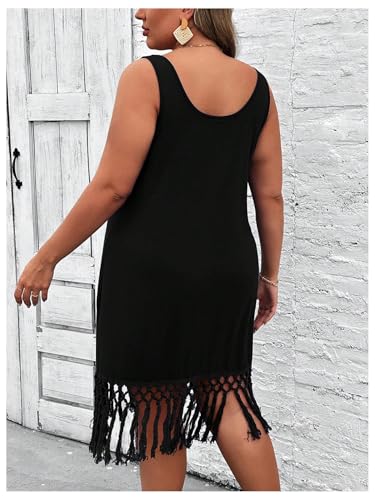 Women's Plus Size Boho Summer Fringe Trim Sleeveless Tank Dress Beach Vacation Midi Dresses