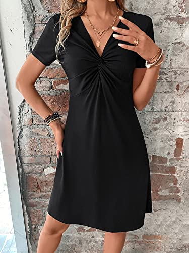 Women's Casual Short Sleeve V Neck Tee Shirt Dress Twist Front A Line Short Dresses