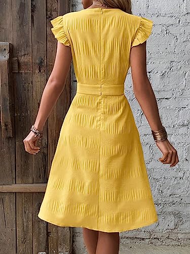 Women's Sleeveless Ruffle Trim V Neck Wrap Dress Button Front A Line Knee Length Dresses