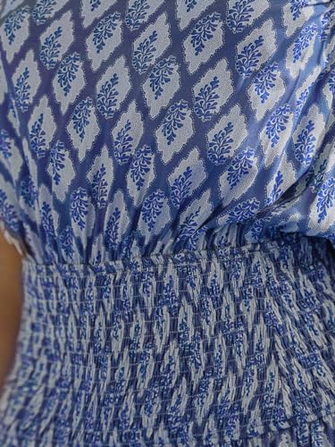 Women's Maxi Dress One Shoulder Sleeveless Smocked Floral Printed Self Tie Boho Long Dress Summer Dress Blue Floral, S