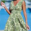 Women's Mini Dress V Neck Sleeveless Paisley Smocked Waist Short Casual Summer Dress