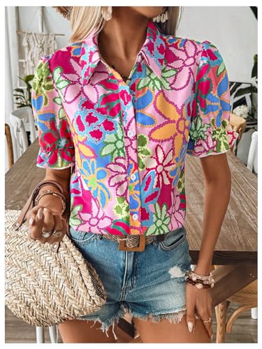 Women's Floral Print Button Down Blouse Ruffle Short Puff Sleeve Boho Tops