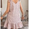 Women's Plus Size Sleeveless V Neck Tie Knot Shoulder Summer Ruffle Floral Dress Short Sundress