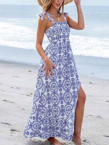 Women's Maxi Dress Casual Smocked Straps Paisley Ruffled Slit A Line Long Beach Summer Dress
