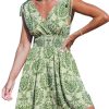 Women's Mini Dress V Neck Sleeveless Paisley Smocked Waist Short Casual Summer Dress