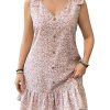 Women's Plus Size Sleeveless V Neck Tie Knot Shoulder Summer Ruffle Floral Dress Short Sundress