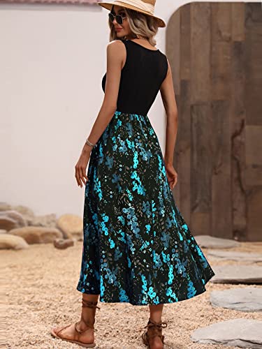 Women's Scoop Neck Button Front Tank Dress Sleeveless Floral Print Mini Dresses
