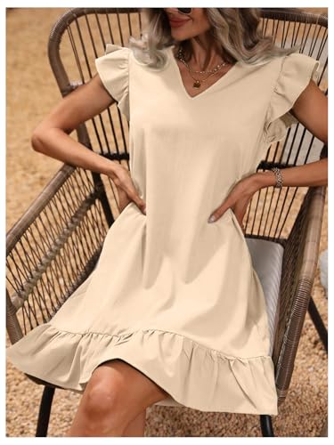 Summer Dresses for Women V Neck Cap Sleeve Ruffle Hem Smock Short Dress