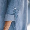 Women's Long Sleeve Denim Shirt Dress Casual V Neck Mini Distressed Roll Tab Jean Dresses