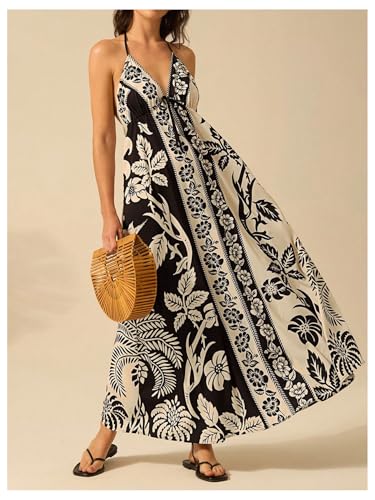 Women's Boho Floral Print Maxi Dress Halter Backless Flowy Long Vacation Beach Summer Dresses
