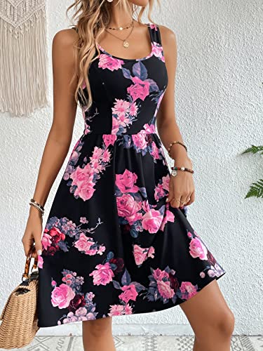Women's Boho Floral Print Scoop Neck Tank Dress Summer Ruffle A Line Knee Length Dresses