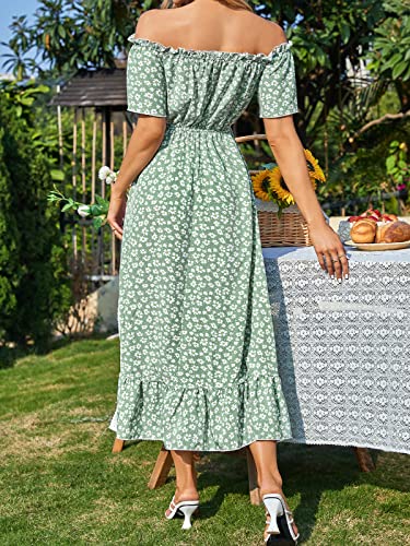 Dress for Women Maxi Dresses Off Shoulder Ditsy Floral Print Short Sleeve Frill A Line Dress