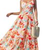 Women's Vacation Summer Dresses Tropical V Neck Elastic Waist Sleeveless Spaghetti Strap Smocked Maxi Dress
